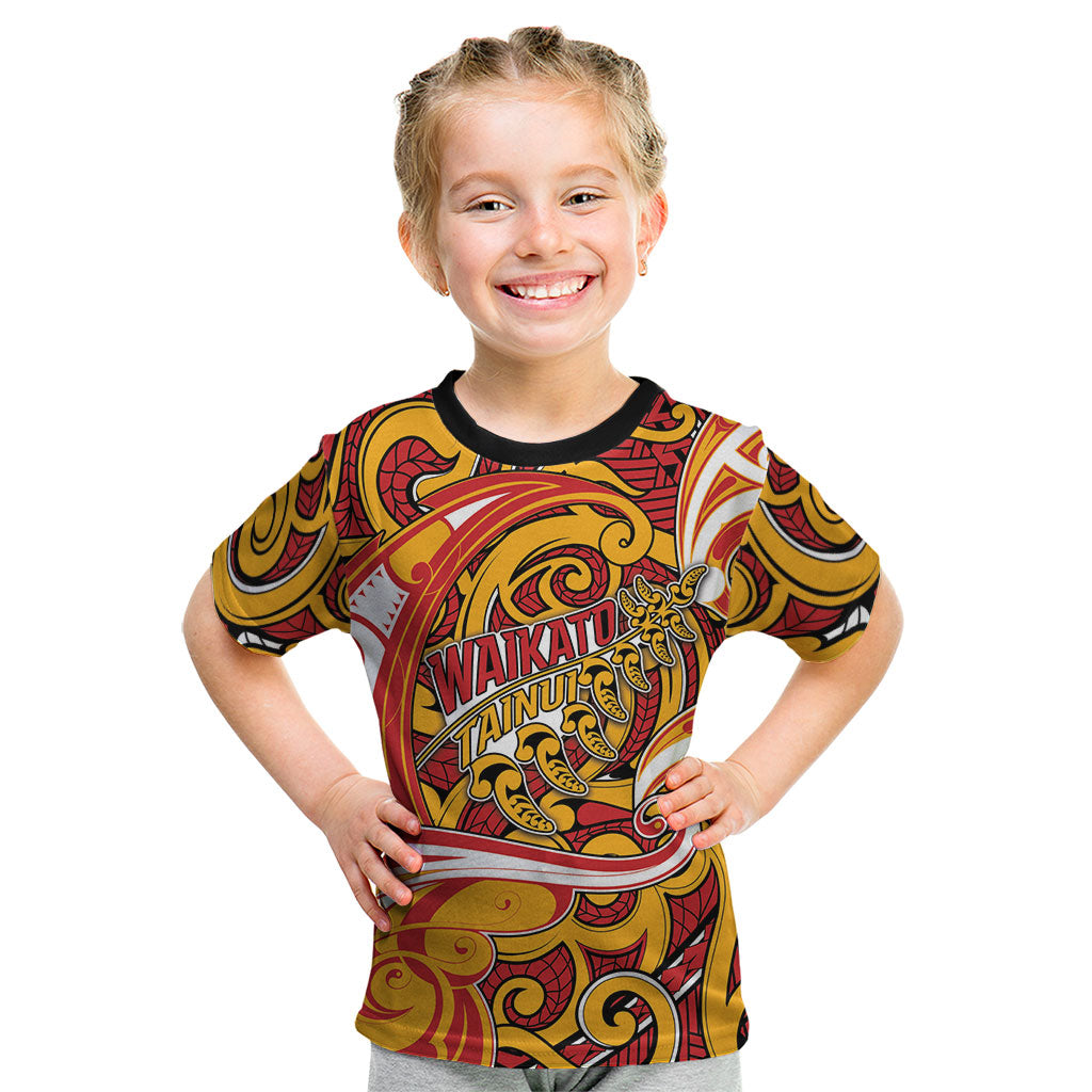 Custom Aotearoa Waikato Tainui Kid T Shirt Maori Tribal Pattern Koru Motif DT05 Yellow - Polynesian Pride