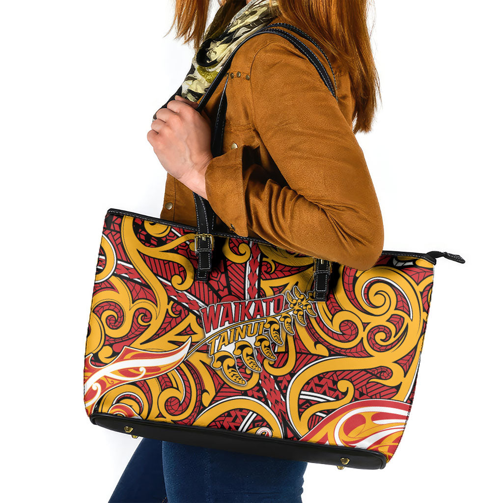 Aotearoa Waikato Tainui Leather Tote Bag Maori Tribal Pattern Koru Motif DT05 Yellow - Polynesian Pride