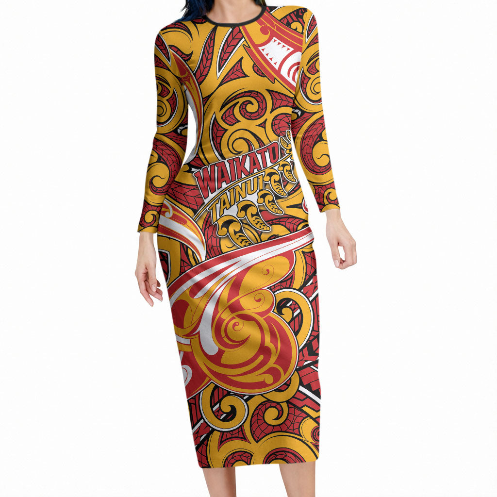 Custom Aotearoa Waikato Tainui Long Sleeve Bodycon Dress Maori Tribal Pattern Koru Motif DT05 Long Dress Yellow - Polynesian Pride