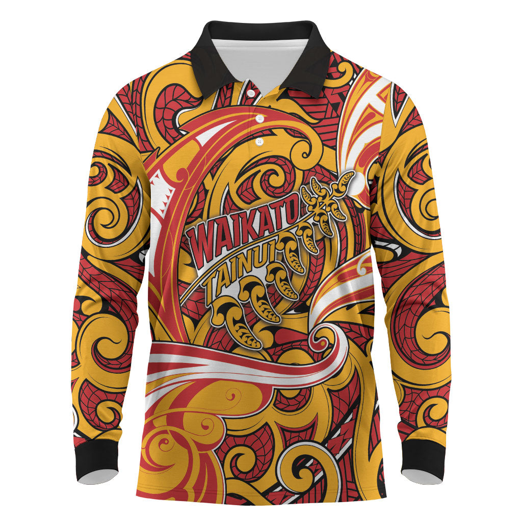 Custom Aotearoa Waikato Tainui Long Sleeve Polo Shirt Maori Tribal Pattern Koru Motif DT05 Yellow - Polynesian Pride