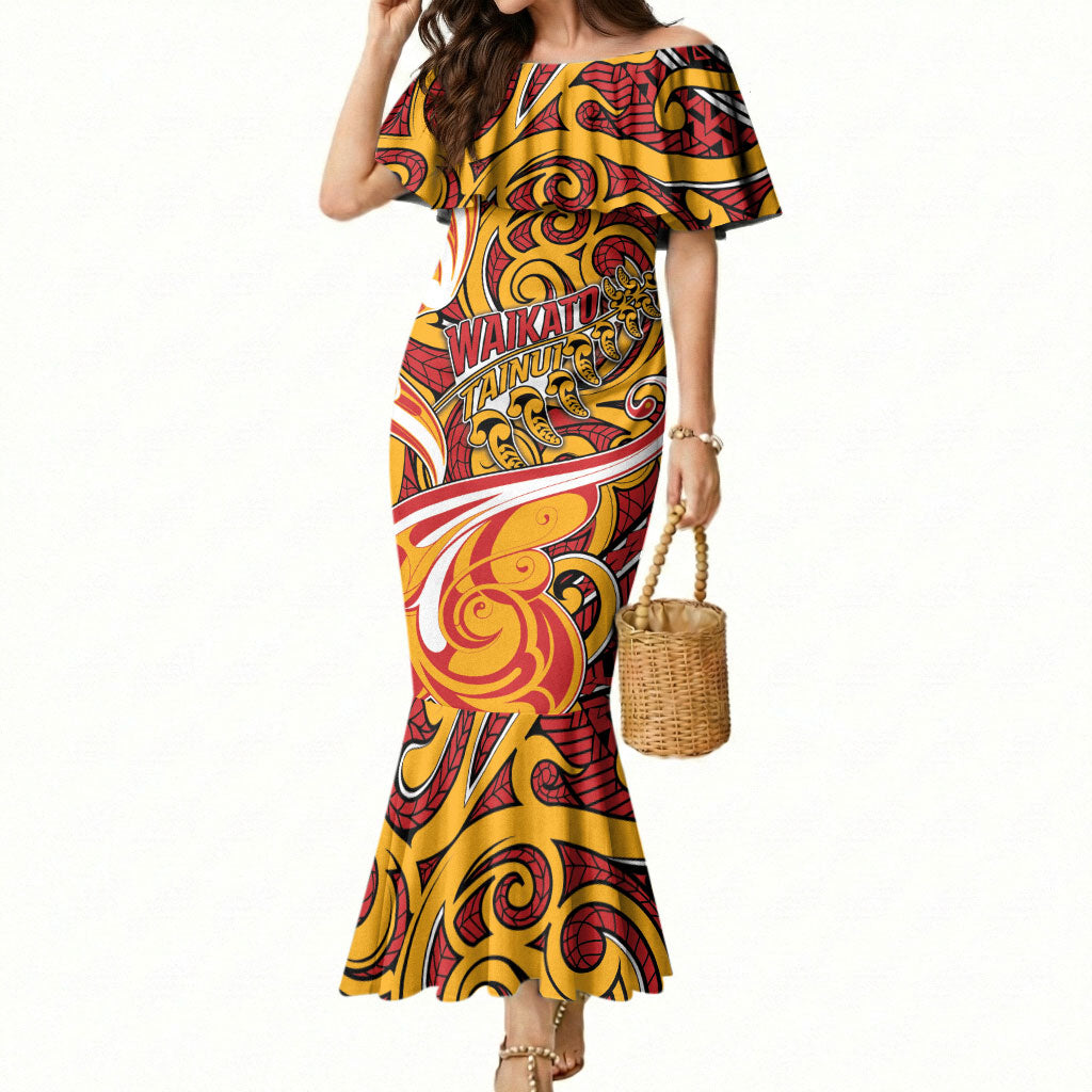 Custom Aotearoa Waikato Tainui Mermaid Dress Maori Tribal Pattern Koru Motif DT05 Women Yellow - Polynesian Pride