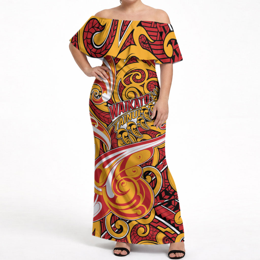 Custom Aotearoa Waikato Tainui Off Shoulder Maxi Dress Maori Tribal Pattern Koru Motif DT05 Women Yellow - Polynesian Pride