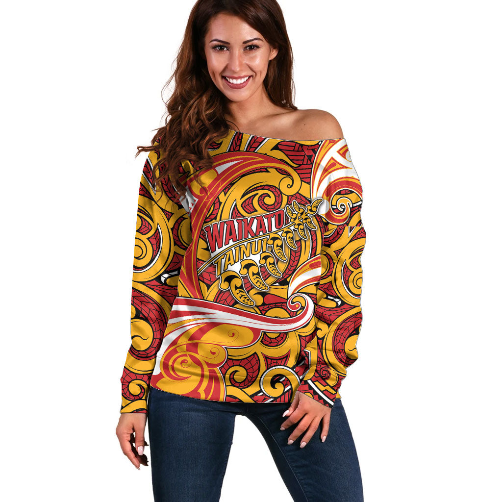 Custom Aotearoa Waikato Tainui Off Shoulder Sweater Maori Tribal Pattern Koru Motif DT05 Women Yellow - Polynesian Pride