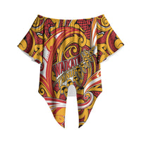 Custom Aotearoa Waikato Tainui Off Shoulder Wrap Waist Top Maori Tribal Pattern Koru Motif DT05 Yellow - Polynesian Pride