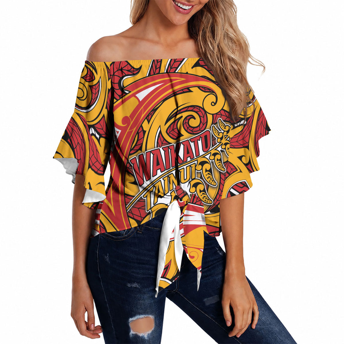 Custom Aotearoa Waikato Tainui Off Shoulder Wrap Waist Top Maori Tribal Pattern Koru Motif DT05 - Polynesian Pride