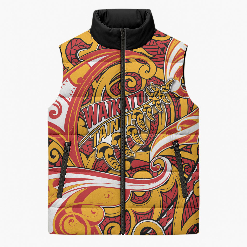 Custom Aotearoa Waikato Tainui Sleeveless Puffer Jacket Maori Tribal Pattern Koru Motif DT05 Unisex Yellow - Polynesian Pride
