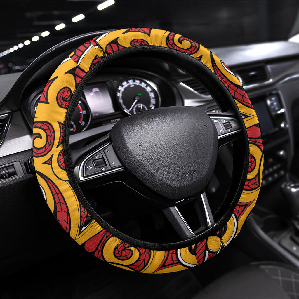 Aotearoa Waikato Tainui Steering Wheel Cover Maori Tribal Pattern Koru Motif DT05 Universal Fit Yellow - Polynesian Pride