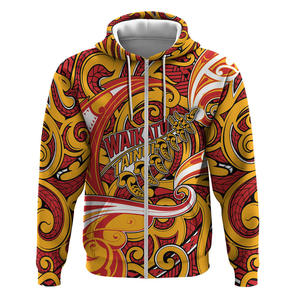 Custom Aotearoa Waikato Tainui Zip Hoodie Maori Tribal Pattern Koru Motif DT05 Zip Hoodie Yellow - Polynesian Pride