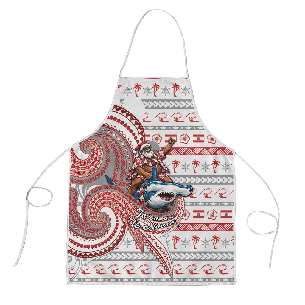 French Polynesian Christmas Apron Santa Riding Hammerhead Shark Tahitian DT05 White - Polynesian Pride