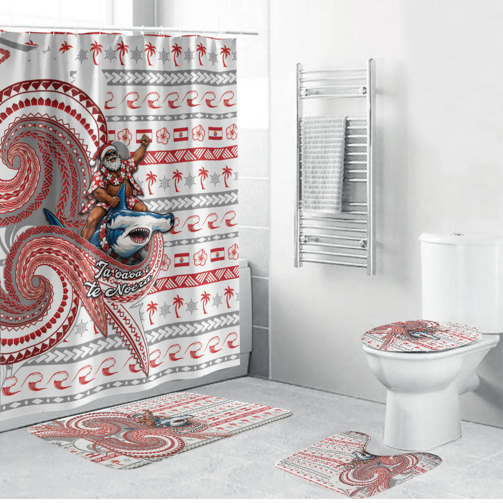 French Polynesian Christmas Bathroom Set Santa Riding Hammerhead Shark Tahitian DT05 Bathroom Set (4 pcs) White - Polynesian Pride