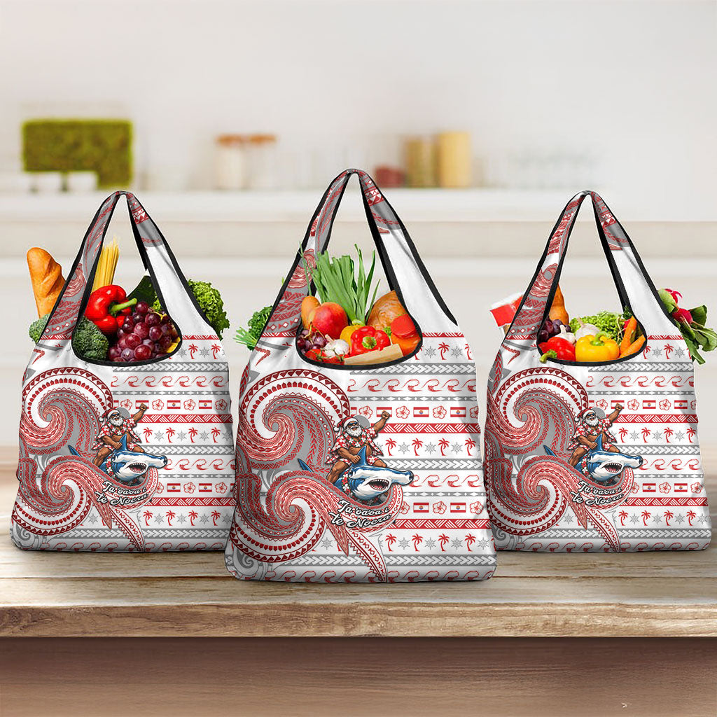French Polynesian Christmas Grocery Bag Santa Riding Hammerhead Shark Tahitian DT05 3-pack One Size White - Polynesian Pride