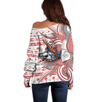 French Polynesian Christmas Off Shoulder Sweater Santa Riding Hammerhead Shark Tahitian DT05 - Polynesian Pride