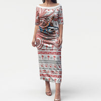 French Polynesian Christmas Puletasi Santa Riding Hammerhead Shark Tahitian DT05 Long Dress White - Polynesian Pride