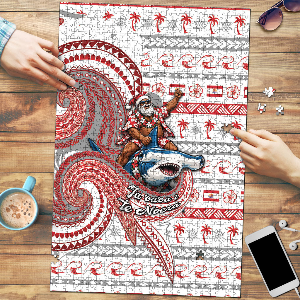 French Polynesian Christmas Puzzle Santa Riding Hammerhead Shark Tahitian DT05 White - Polynesian Pride