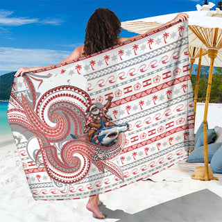 French Polynesian Christmas Sarong Santa Riding Hammerhead Shark Tahitian DT05 - One Size / 44 x 66 inches / White