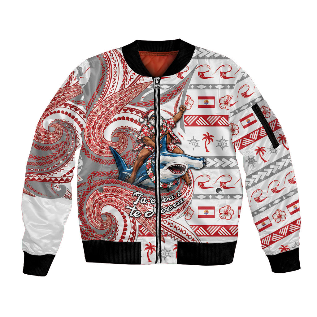 French Polynesian Christmas Sleeve Zip Bomber Jacket Santa Riding Hammerhead Shark Tahitian DT05 Unisex White - Polynesian Pride