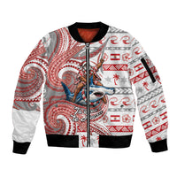 French Polynesian Christmas Sleeve Zip Bomber Jacket Santa Riding Hammerhead Shark Tahitian DT05 Unisex White - Polynesian Pride