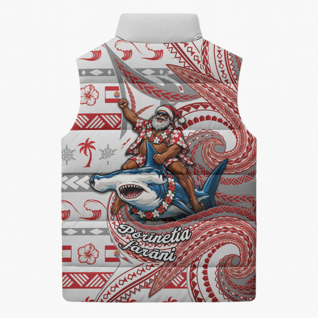 French Polynesian Christmas Sleeveless Puffer Jacket Santa Riding Hammerhead Shark Tahitian DT05 - Polynesian Pride