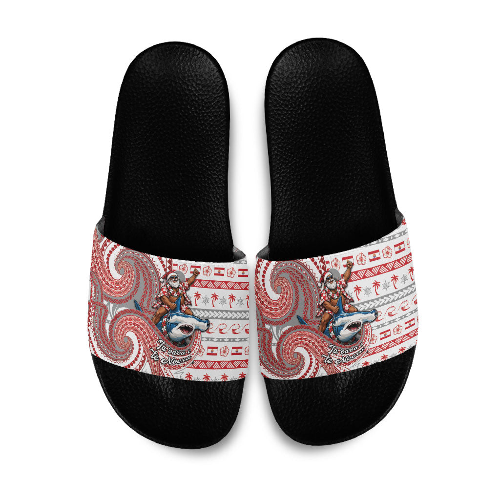 French Polynesian Christmas Slide Sandals Santa Riding Hammerhead Shark Tahitian DT05 White - Polynesian Pride
