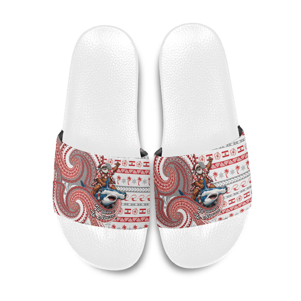 French Polynesian Christmas Slide Sandals Santa Riding Hammerhead Shark Tahitian DT05 White - Polynesian Pride