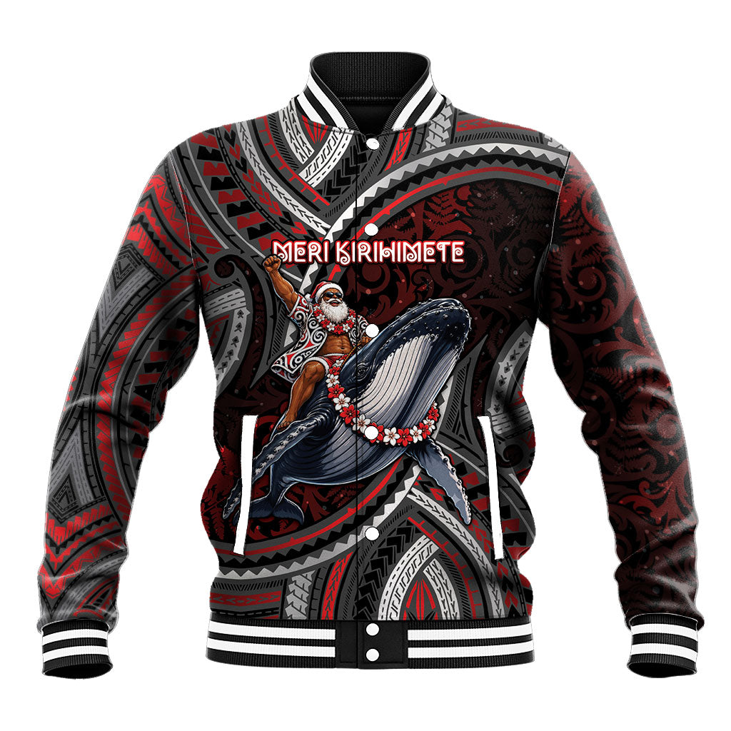 Aotearoa Christmas Baseball Jacket Santa Riding Humpback Whale Maori Koru DT05 Unisex Red - Polynesian Pride