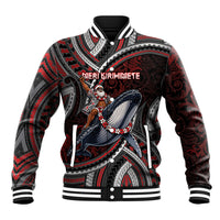 Aotearoa Christmas Baseball Jacket Santa Riding Humpback Whale Maori Koru DT05 Unisex Red - Polynesian Pride