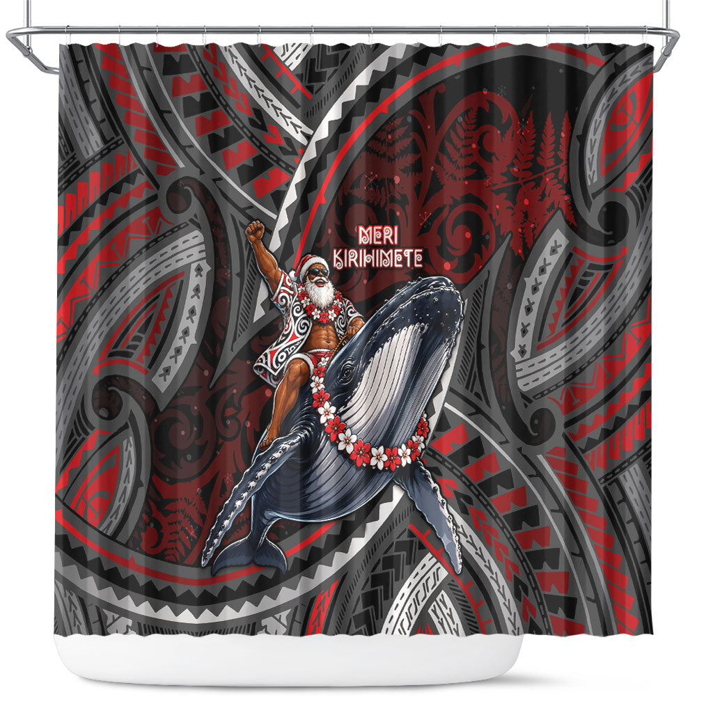 Aotearoa Christmas Shower Curtain Santa Riding Humpback Whale Maori Koru DT05 Red - Polynesian Pride