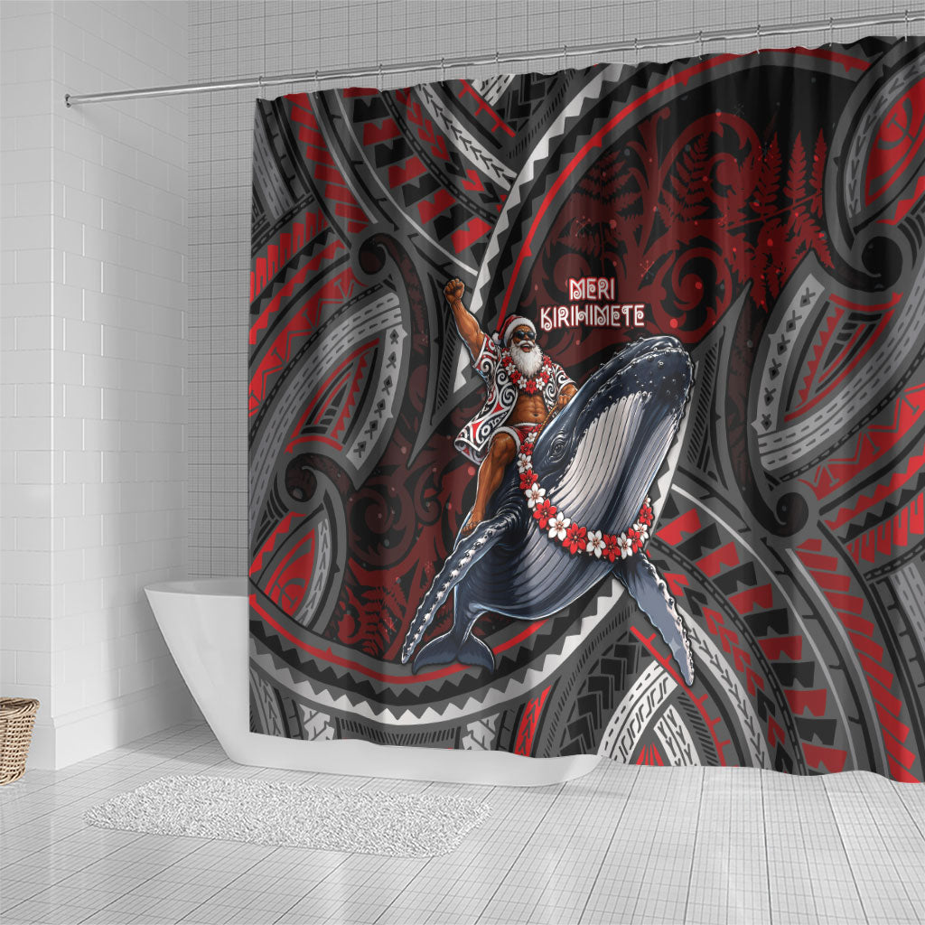 Aotearoa Christmas Shower Curtain Santa Riding Humpback Whale Maori Koru DT05 - Polynesian Pride