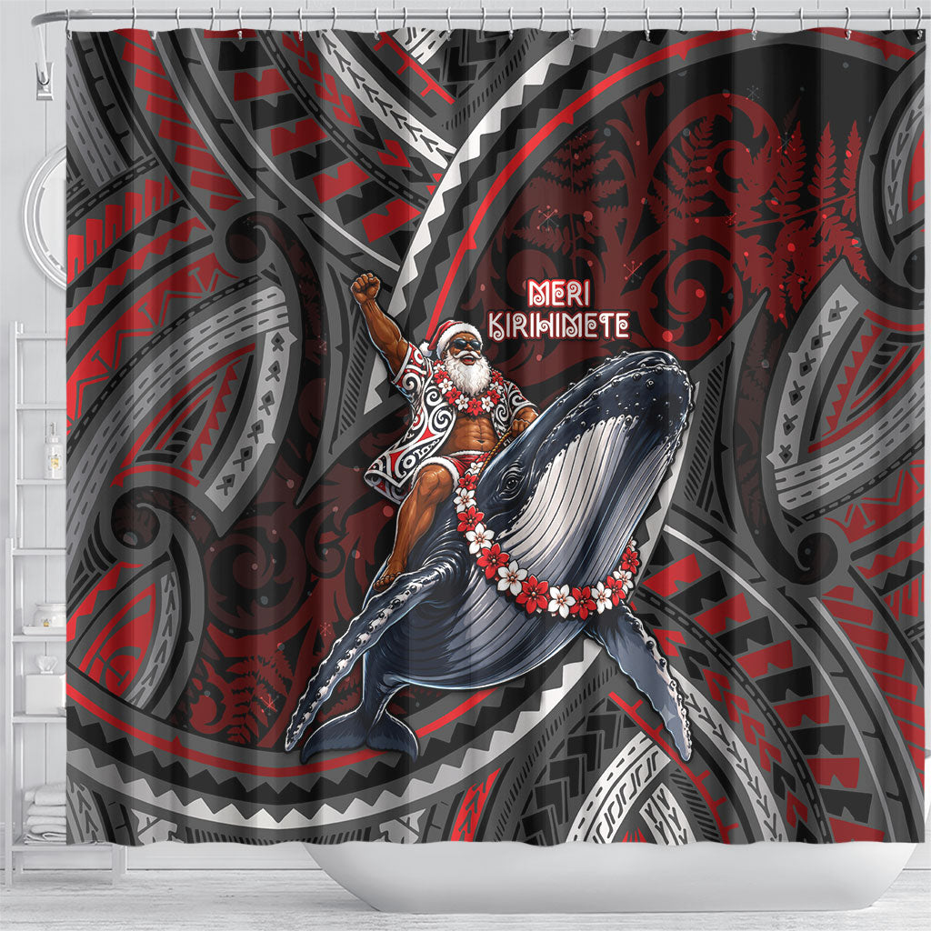 Aotearoa Christmas Shower Curtain Santa Riding Humpback Whale Maori Koru DT05 - Polynesian Pride
