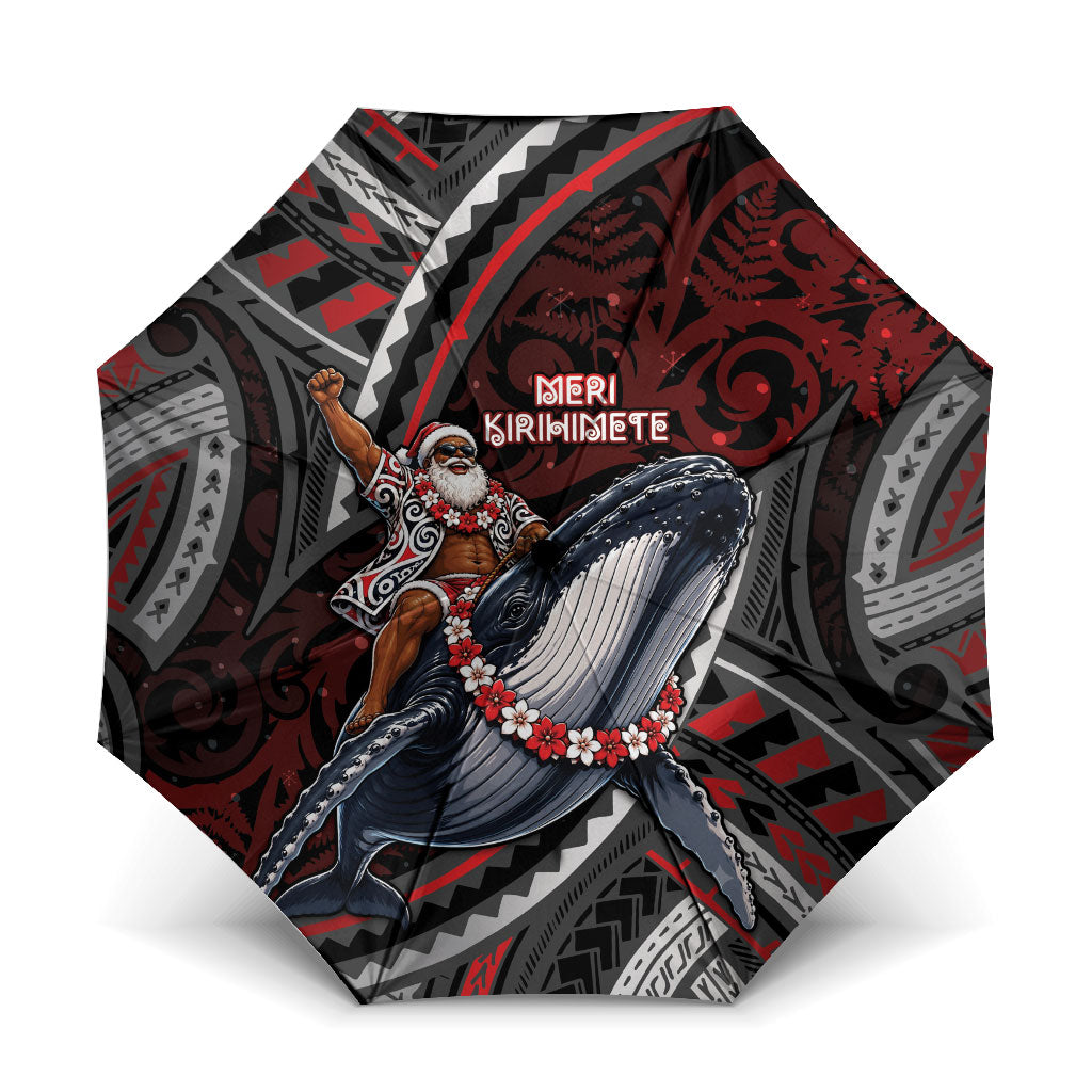 Aotearoa Christmas Umbrella Santa Riding Humpback Whale Maori Koru DT05 One Size Folded 11.42 inch Opened Diameter 37.4 inch Red - Polynesian Pride