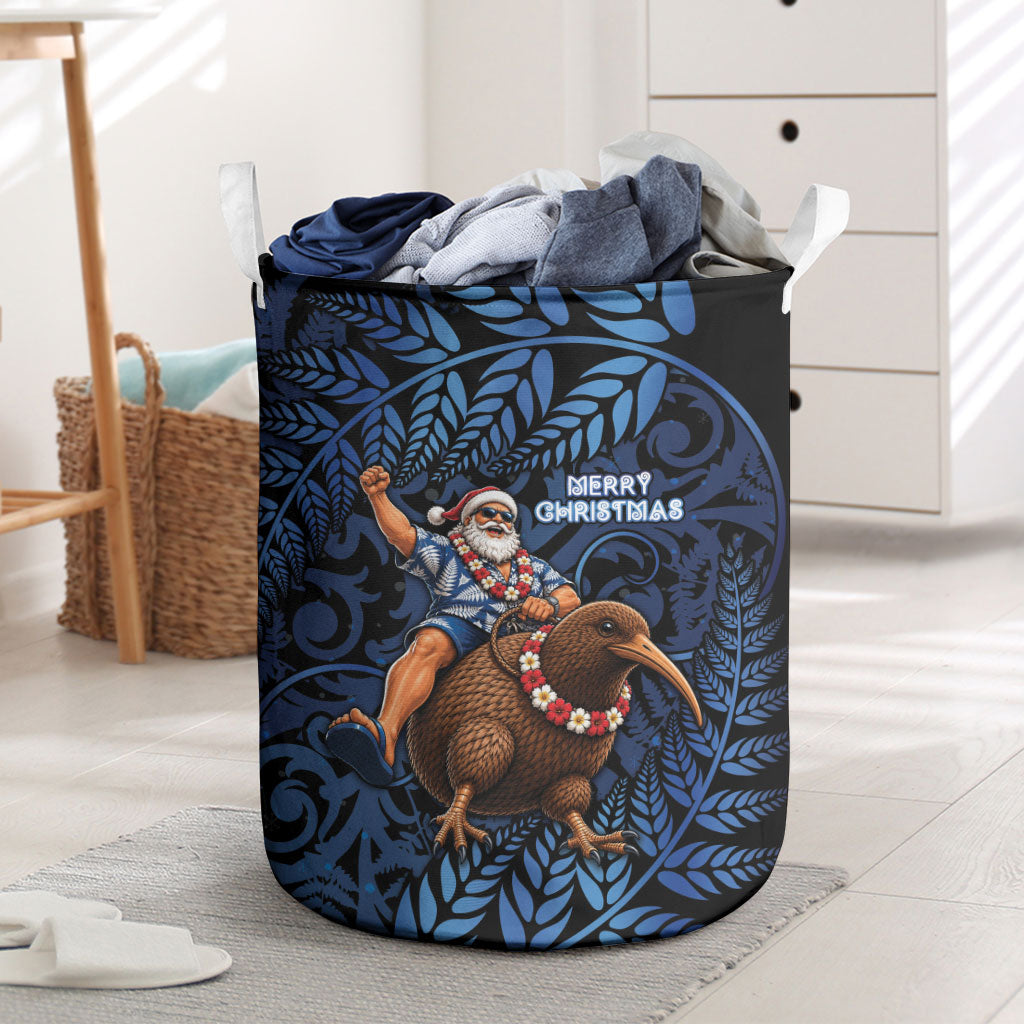 New Zealand Christmas Laundry Basket Santa Riding Kiwi Bird Silver Fern DT05 Navy - Polynesian Pride