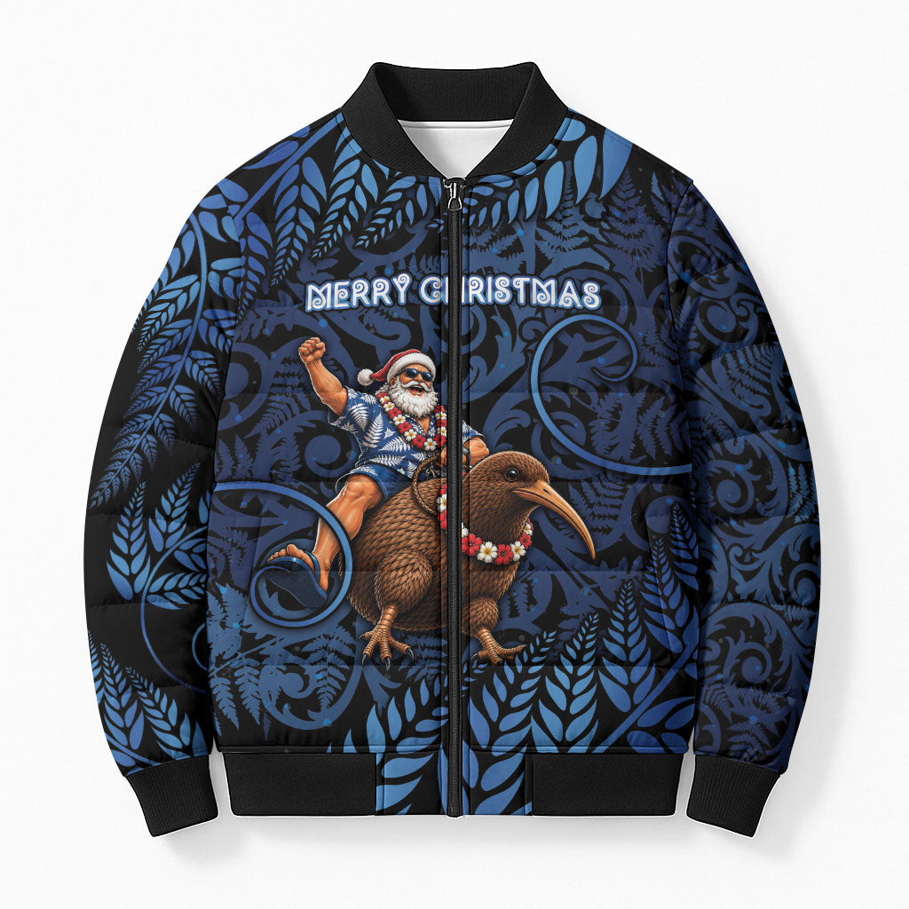 New Zealand Christmas Bomber Puffer Jacket Santa Riding Kiwi Bird Silver Fern DT05 Unisex Navy - Polynesian Pride