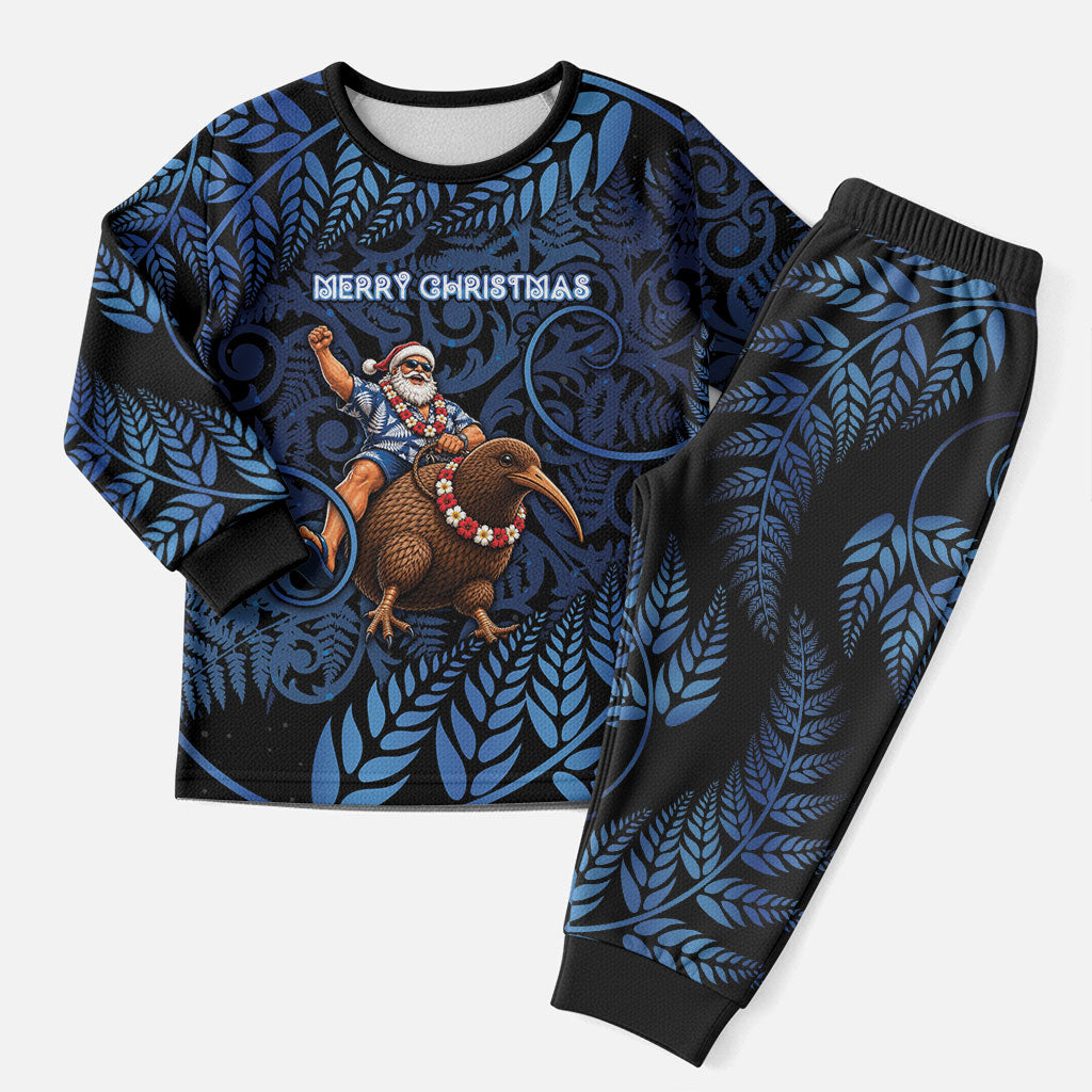 New Zealand Christmas Pajama Set Santa Riding Kiwi Bird Silver Fern DT05 Men Navy - Polynesian Pride