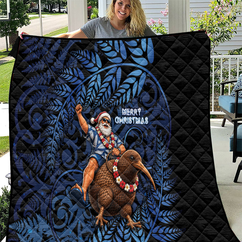 New Zealand Christmas Quilt Santa Riding Kiwi Bird Silver Fern DT05 Navy - Polynesian Pride