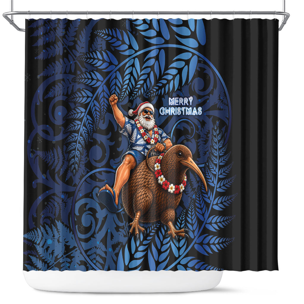 New Zealand Christmas Shower Curtain Santa Riding Kiwi Bird Silver Fern DT05 Navy - Polynesian Pride