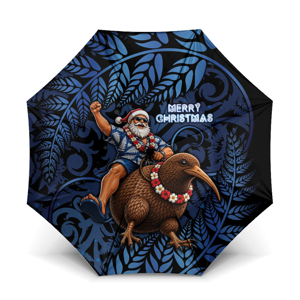 New Zealand Christmas Umbrella Santa Riding Kiwi Bird Silver Fern DT05 One Size Folded 11.42 inch Opened Diameter 37.4 inch Navy - Polynesian Pride