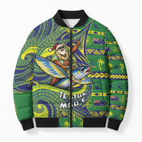 Cook Islands Christmas Bomber Puffer Jacket Santa Riding Flying Fish DT05 Unisex Green - Polynesian Pride