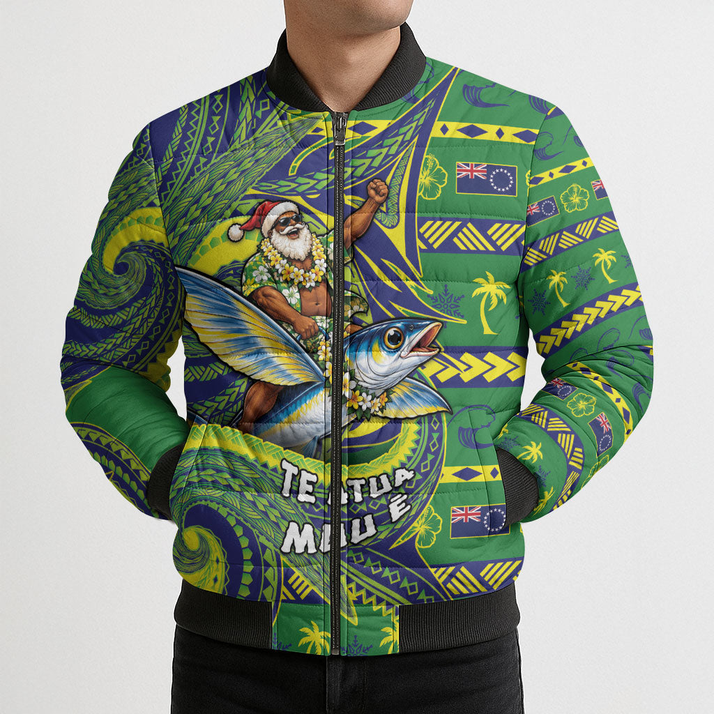 Cook Islands Christmas Bomber Puffer Jacket Santa Riding Flying Fish DT05 - Polynesian Pride