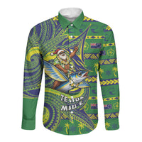 Cook Islands Christmas Long Sleeve Button Shirt Santa Riding Flying Fish DT05 Unisex Green - Polynesian Pride