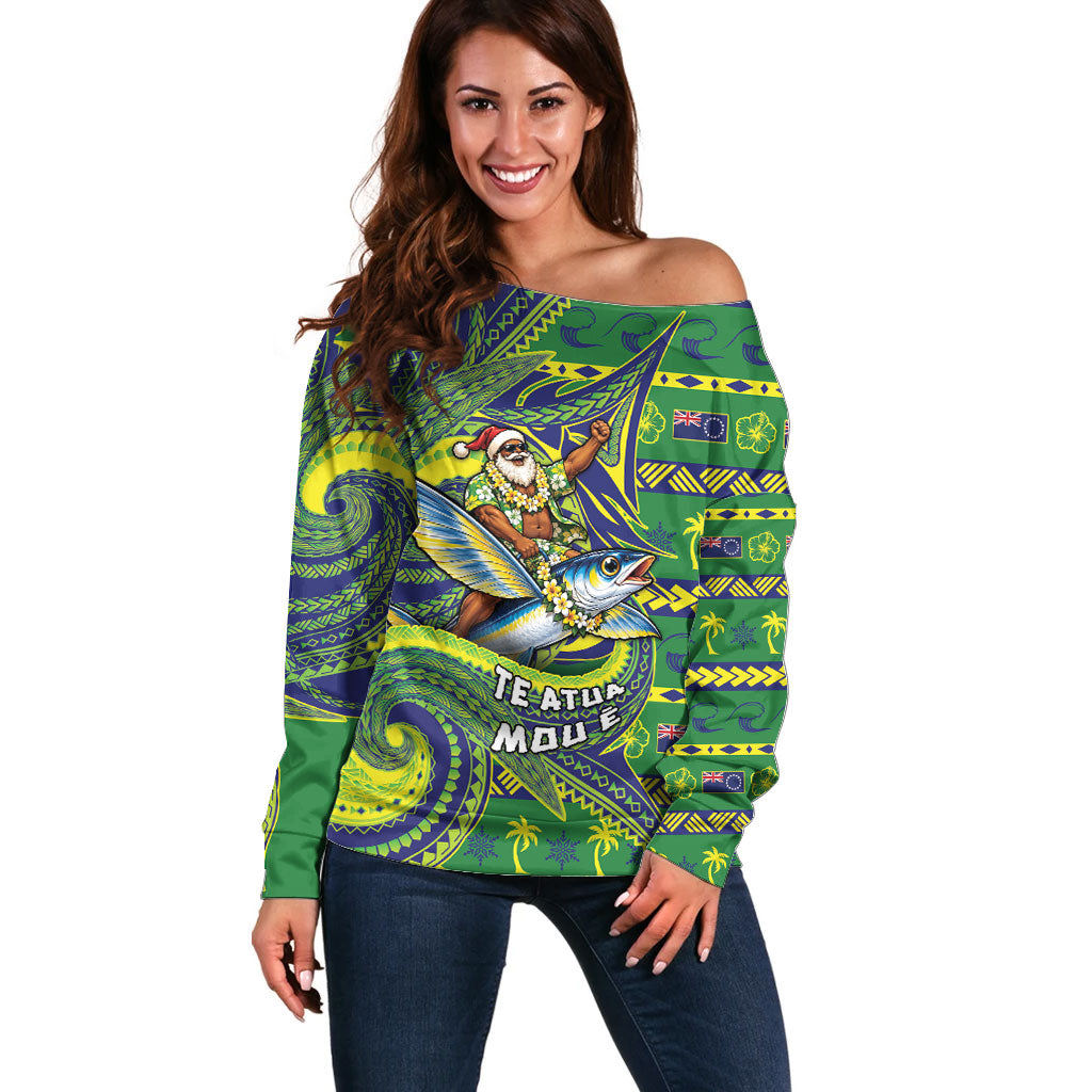 Cook Islands Christmas Off Shoulder Sweater Santa Riding Flying Fish DT05 Women Green - Polynesian Pride