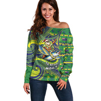 Cook Islands Christmas Off Shoulder Sweater Santa Riding Flying Fish DT05 Women Green - Polynesian Pride
