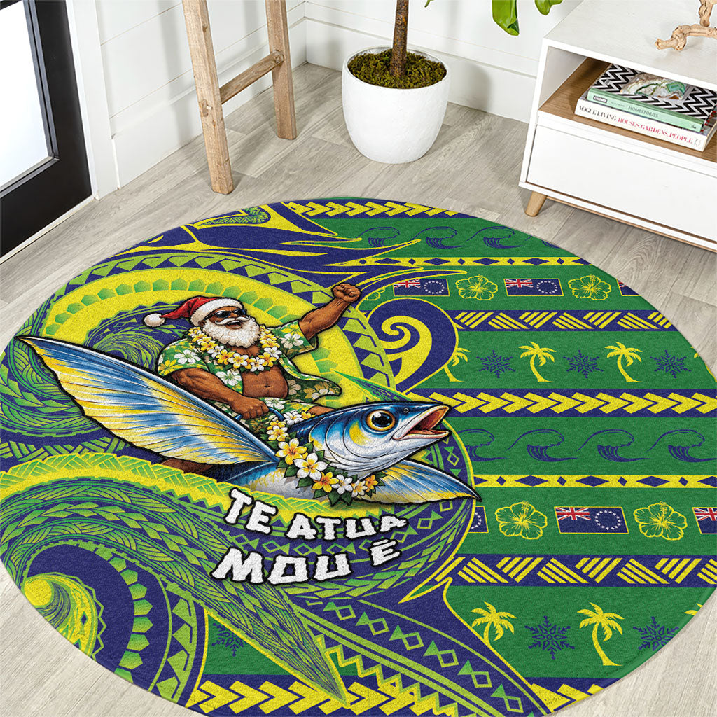 Cook Islands Christmas Round Carpet Santa Riding Flying Fish DT05 Green - Polynesian Pride
