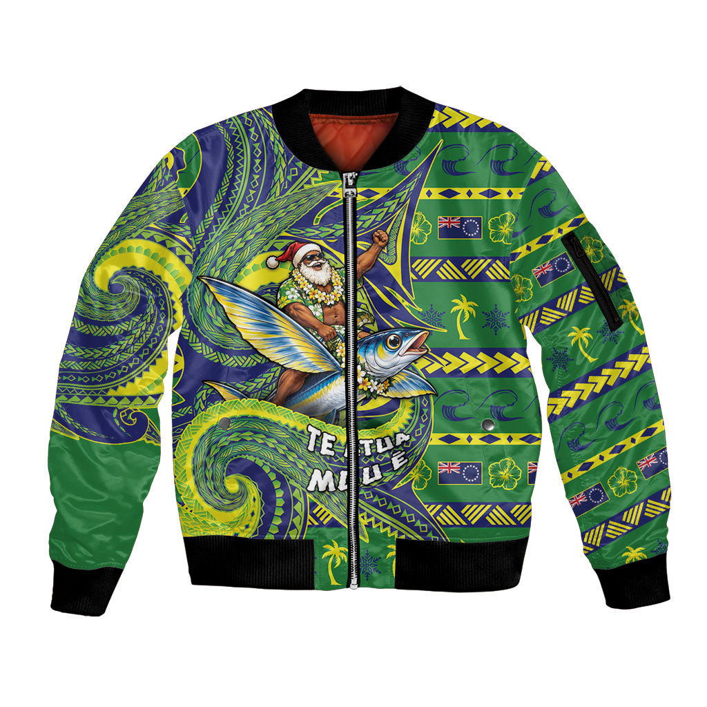 Cook Islands Christmas Sleeve Zip Bomber Jacket Santa Riding Flying Fish DT05 Unisex Green - Polynesian Pride