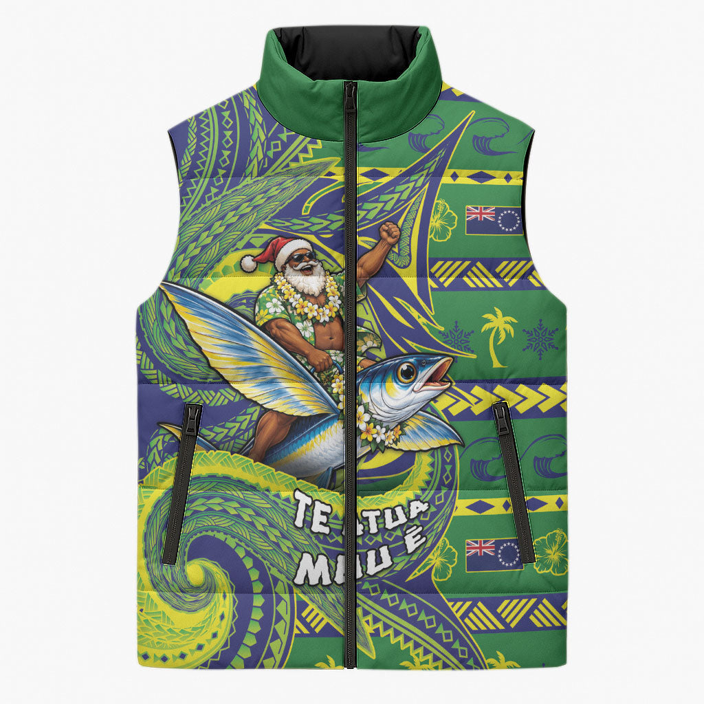 Cook Islands Christmas Sleeveless Puffer Jacket Santa Riding Flying Fish DT05 Unisex Green - Polynesian Pride