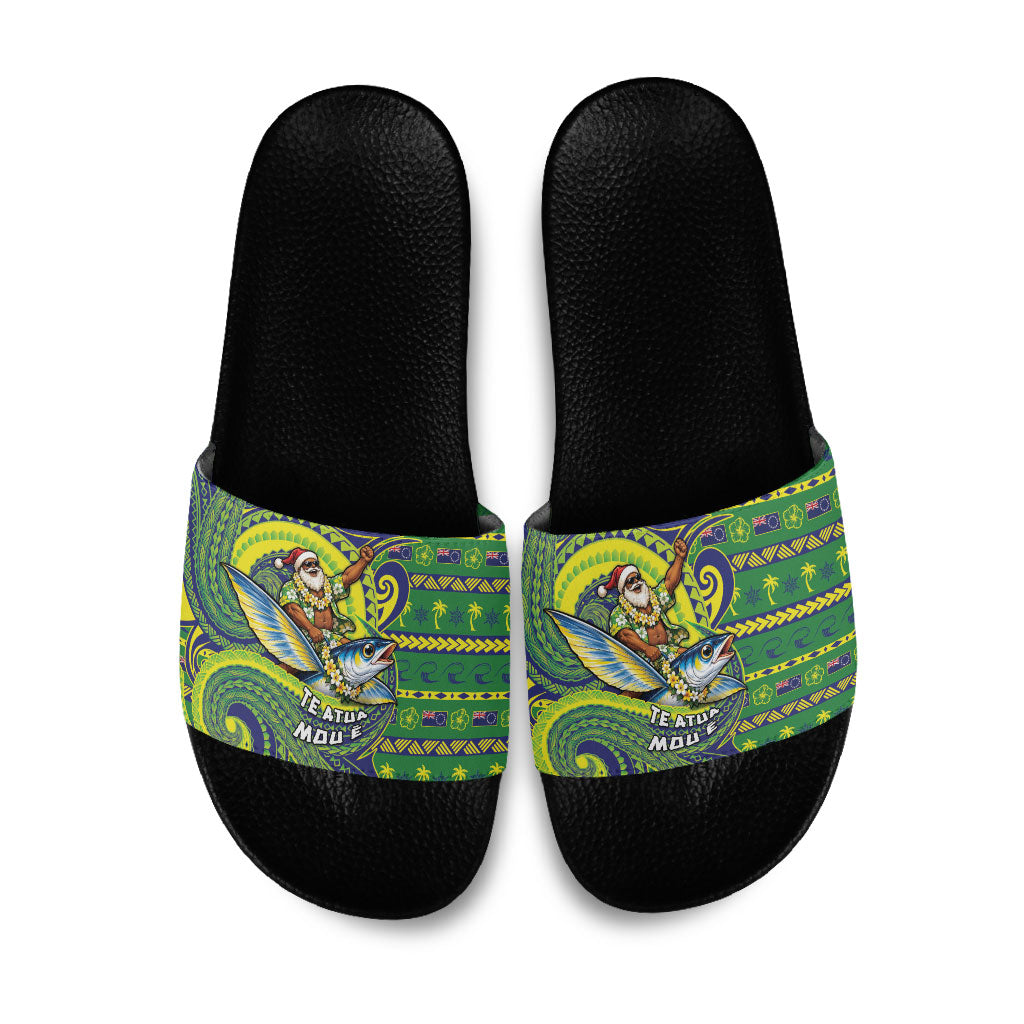 Cook Islands Christmas Slide Sandals Santa Riding Flying Fish DT05 Green - Polynesian Pride