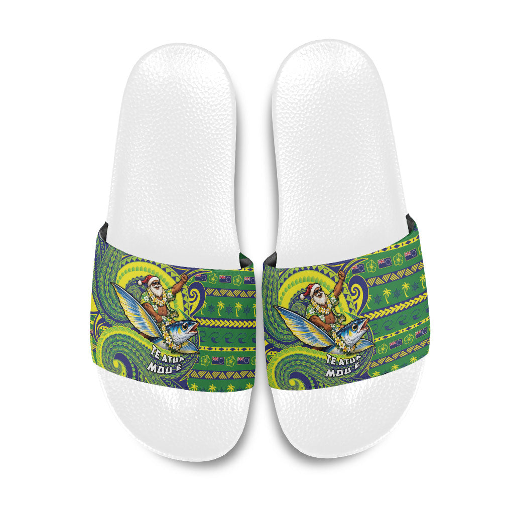 Cook Islands Christmas Slide Sandals Santa Riding Flying Fish DT05 Green - Polynesian Pride