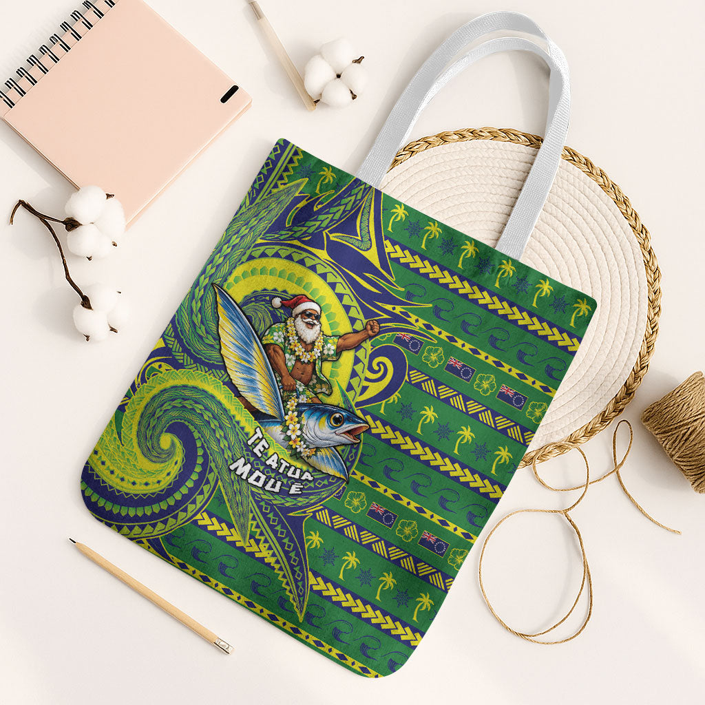 Cook Islands Christmas Tote Bag Santa Riding Flying Fish DT05 White Strap One Size Green - Polynesian Pride