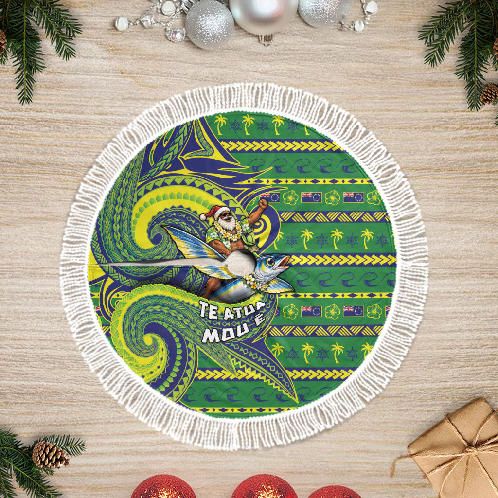 Cook Islands Christmas Tree Skirt Santa Riding Flying Fish DT05 Fringed Green - Polynesian Pride