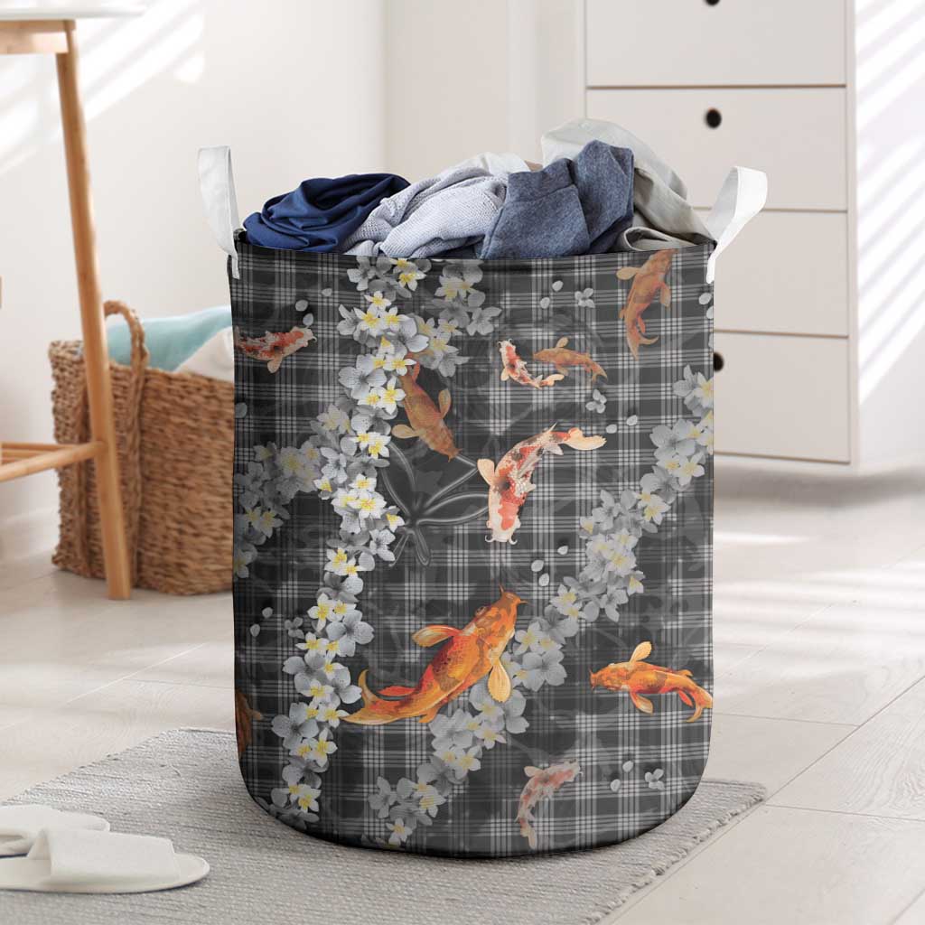 Black Palaka Hawaiian And Japanese Laundry Basket Sakura Lei With Koi Fish DT05 Black - Polynesian Pride