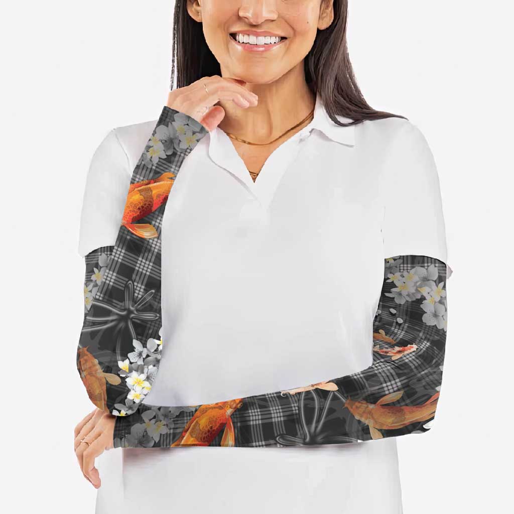 Black Palaka Hawaiian And Japanese Arm Sleeves Sakura Lei With Koi Fish - Polynesian Pride
